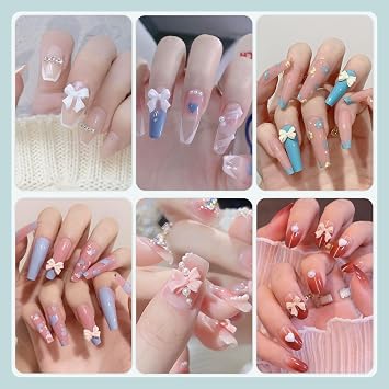 600 Pcs 3D Nail Bow Charms and Flatback Pearls Nail Charms Set 1 | 8 Colors Nail Bows Pink White Star Heart Moon Cute Nail Gems and Charms, 2-4mm White Pearls for Nails Art Designs