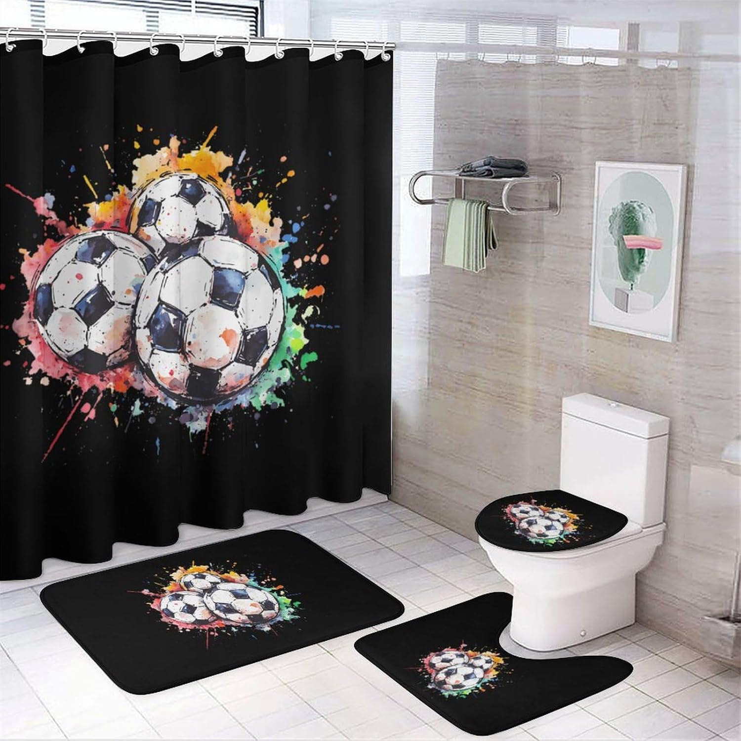 Three Soccer Balls Footballs Modern Bathroom Sets with Shower Curtain and Rugs Decor 4 Pcs with 12 Hooks