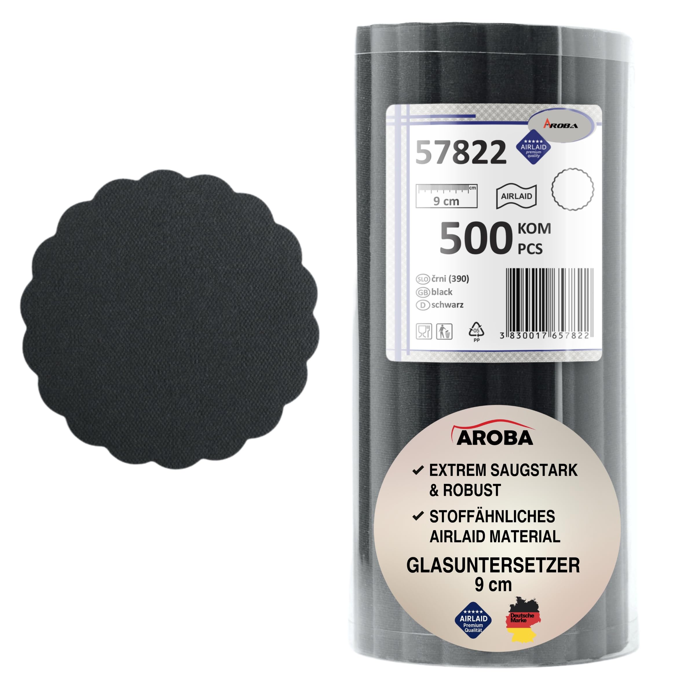 Airlaid 6000 okrągłe podkładki pod szklanki, średnica 9 cm, podobna do materiału | podkładki pod napoje Coasters o wyglądzie materiału | weselna gastronomia catering hotelu | jakość premium | czarne