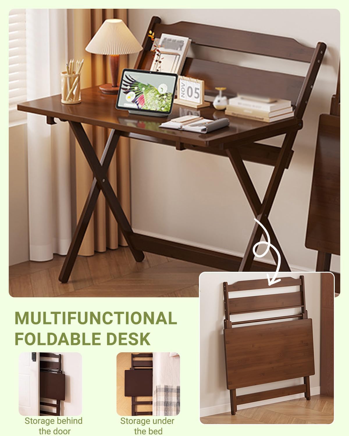 Folding Desk for Small Spaces, Student Writing Desk, Computer Deskadjustable Height Table Bamboo for Living Study Room, School, for Couch, Sofa, Bed, Chair (31.5")