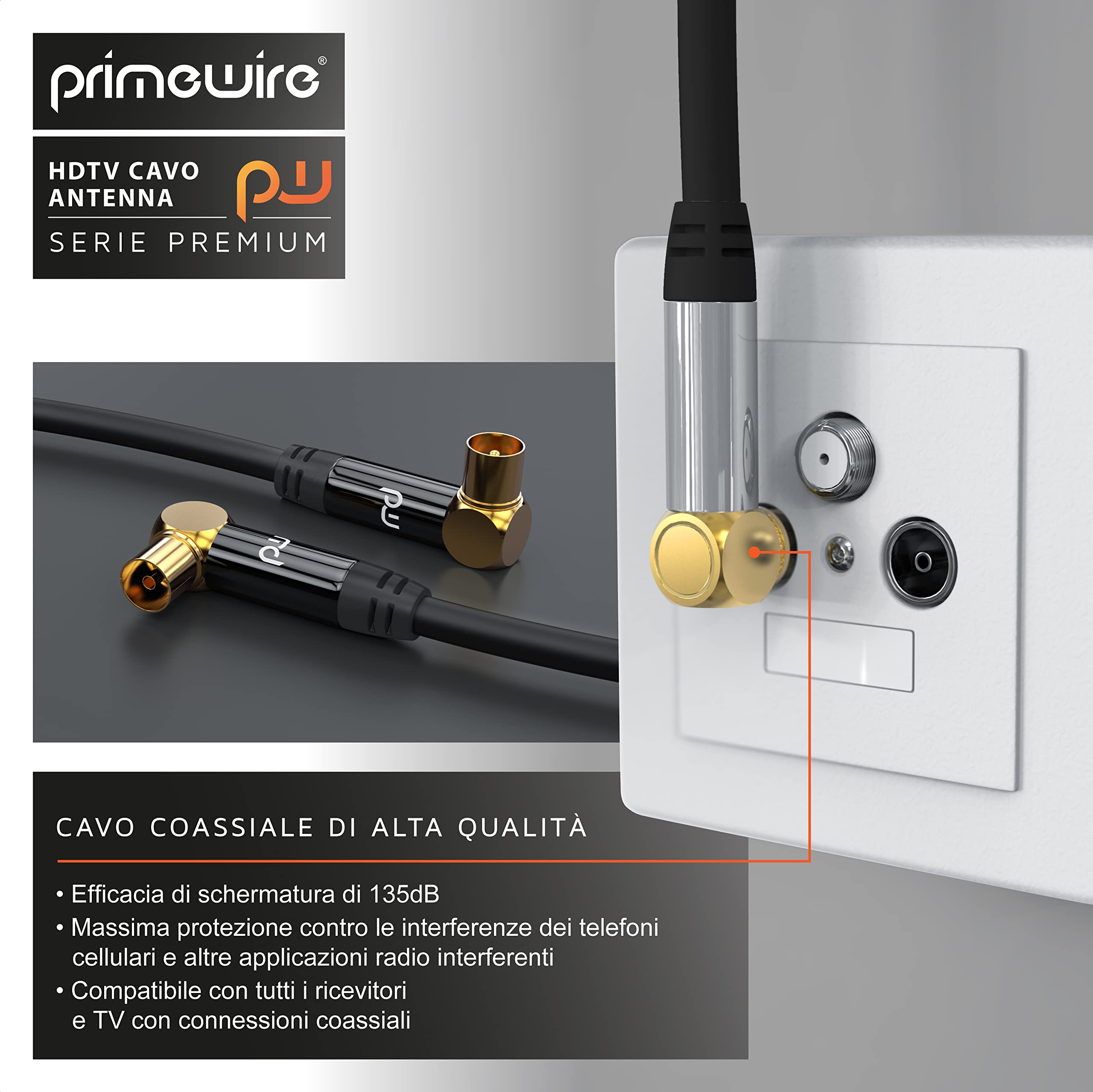 1m Cavo Antenna a Gomito 90 Gradi maschio femmina - Serie Premium professionale - DVB-T Digitale terrestre UHF VHF - Connettori dorati - 75 Ohm - Resistenza 135dB – Spessore cavo 7,5mm – Nero