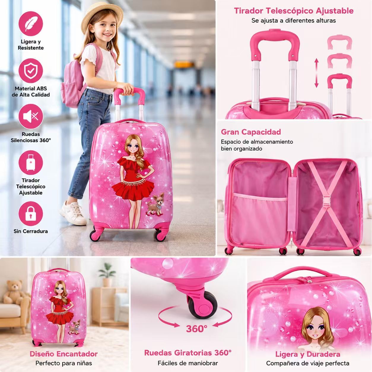 Genérico Maleta Infantil de Cabina Trolley Infantil Fantasia Estampados Equipaje de Mano 4 Ruedas giratorias 360 Grados 20x30x40cm (Princesas)