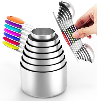 TILUCK Measuring Cups and Magnetic Measuring Spoons Set, Stainless Steel Measuring Cups, 6 Double-Sided Stainless Steel Measuring Spoons & 1 Leveler (7+7)