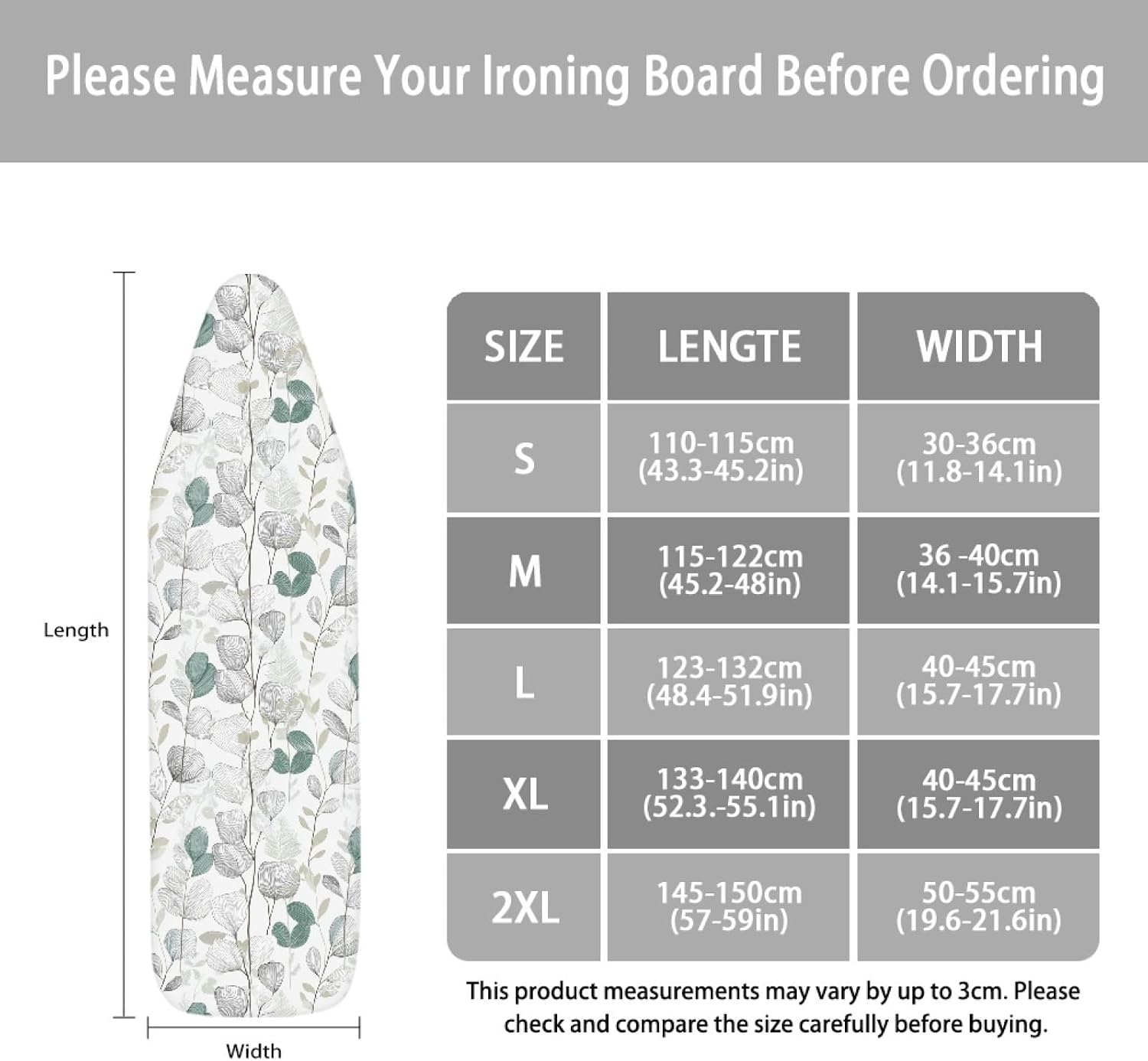 Ironing Board Cover 14x48 Leaves Gray Iron Board Cover with Padding Heat Reflective,Scorch Resistant Thick Padding,Snug Fit Non-Slip Nose Pocket Fastener Straps Elastic Edges