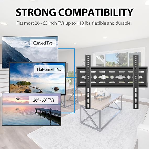 Fixed TV Wall Bracket Fit Most 26-63 inchs LED/LCD/OLED Flat&Curved TVs Low Profile Fixed Television Wall Mount VESA 75x75mm to 400x400mm Up to 50KG 32 36 38 42 55 Universal TV Mount