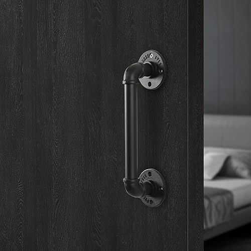 Miniatura 4 de Manija de puerta de granero de tubería industrial rústica para barra de agarre de 12 pulgadas, juego de 2 (color negro)