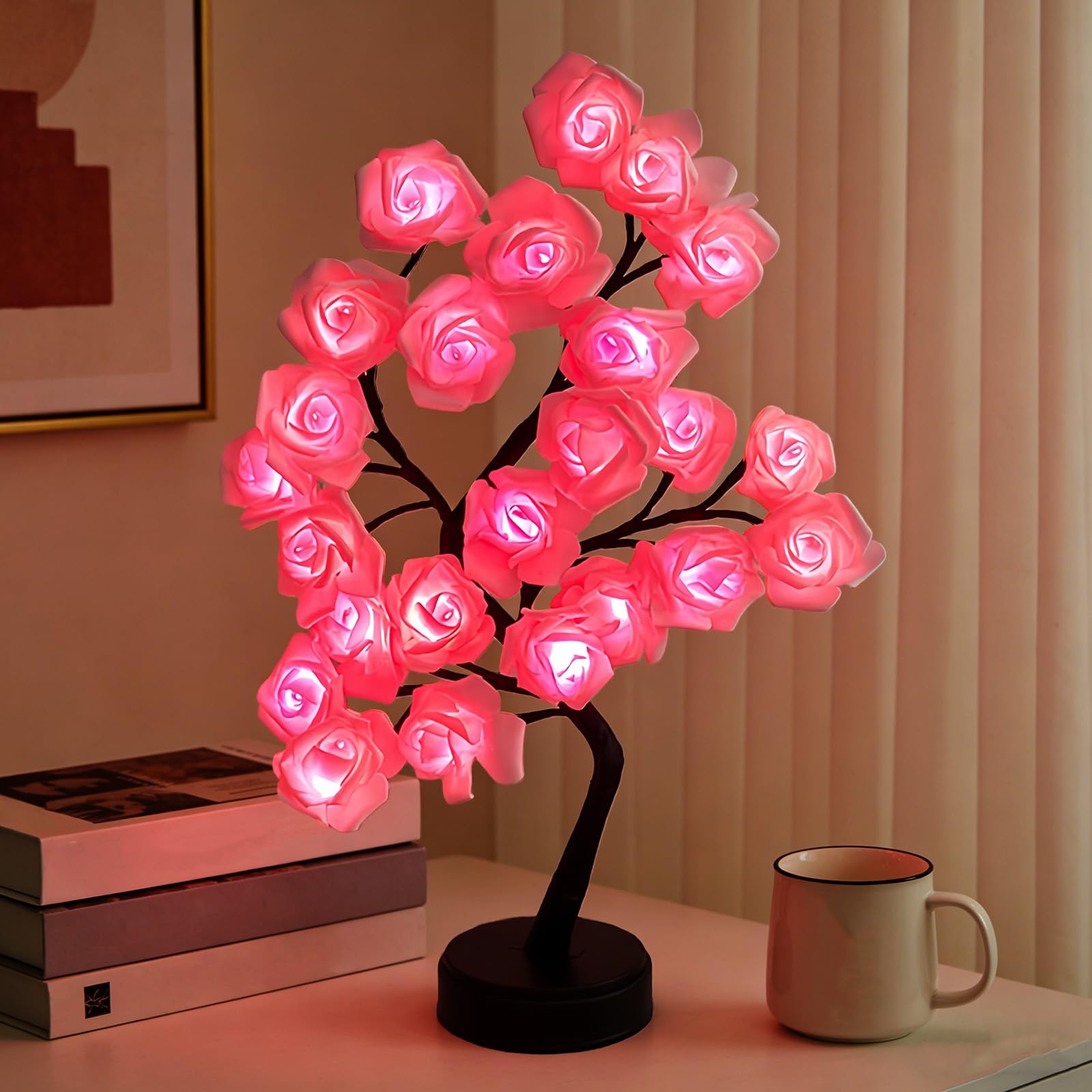 Richaa 24 LEDs Rose Flower Tree Lamp, LED Twinkle Rose Tree Table Lamp, Cute Fairy Light up Flower for Bedroom Living Room Party Wedding Birthday Christmas Decor(Pink)