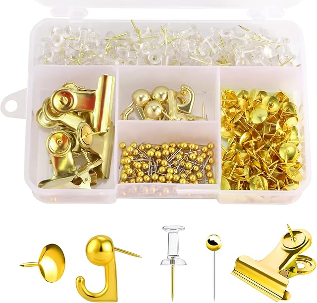 310 PCS Gold Push Pins Set, Decorative Push Pins Thumb Tacks for Cork Board Map Wall Hanging Office Accessories (5 Styles)