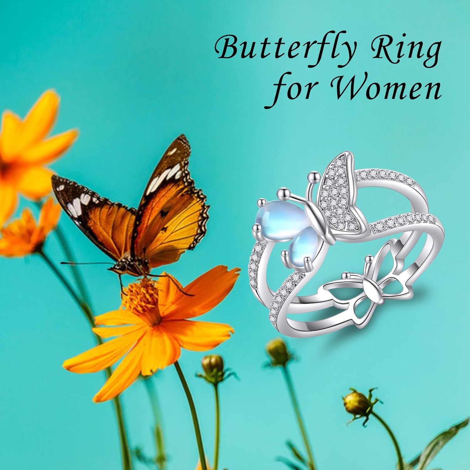 YAFEINI Moonstone Butterfly Ring Sterling Silver Butterfly Mother's Day Jewelry for Women Mom - Image 5