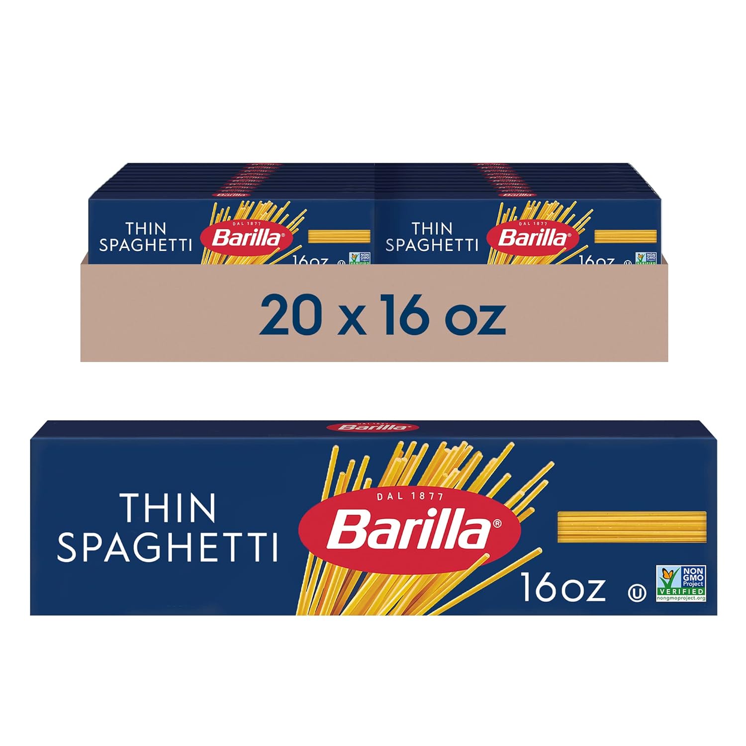 Barilla Thin Spaghetti Pasta, 16 oz (Pack of 20) - Non-GMO Durum Wheat Semolina, Kosher Certified Al Dente Perfection