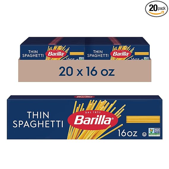 Barilla Thin Spaghetti Pasta, 16 oz. Box (Pack of 20) - Non-GMO, Made with Durum Wheat Semolina - Kosher Certified