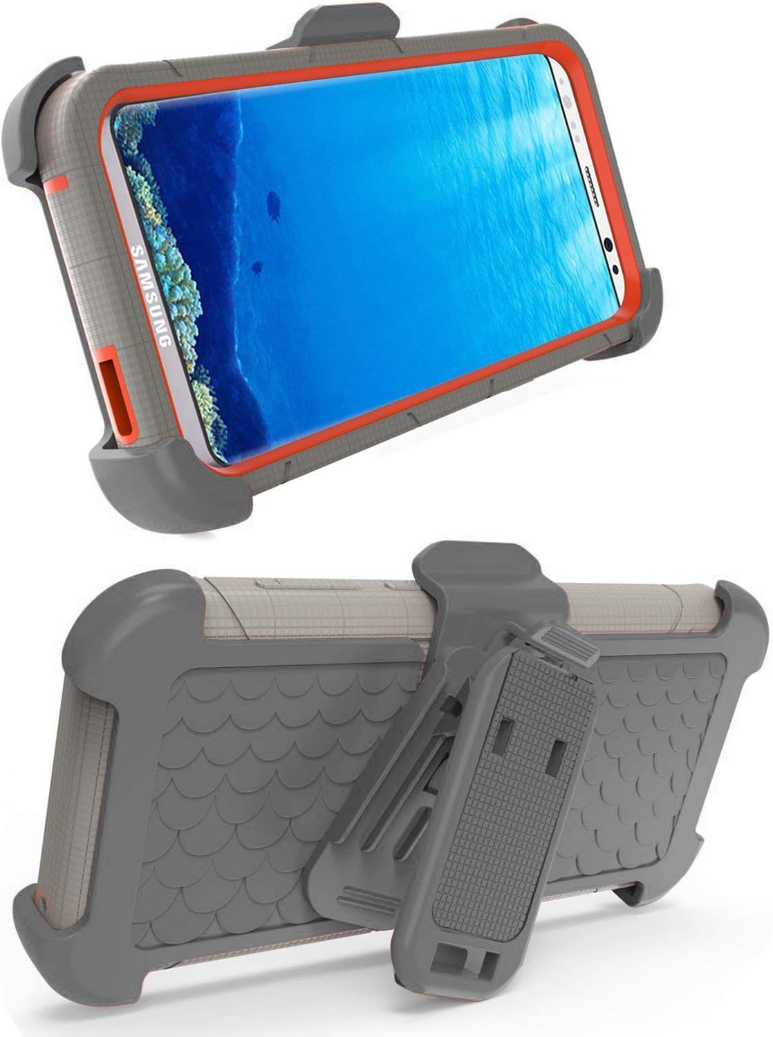 Dailylux Shockproof Case for Samsung Galaxy Note 9, Rugged Heavy Duty Hybrid Holster Rotating Swivel Protective Bumper Kickstand Cover with Belt Clip, Grey + Orange