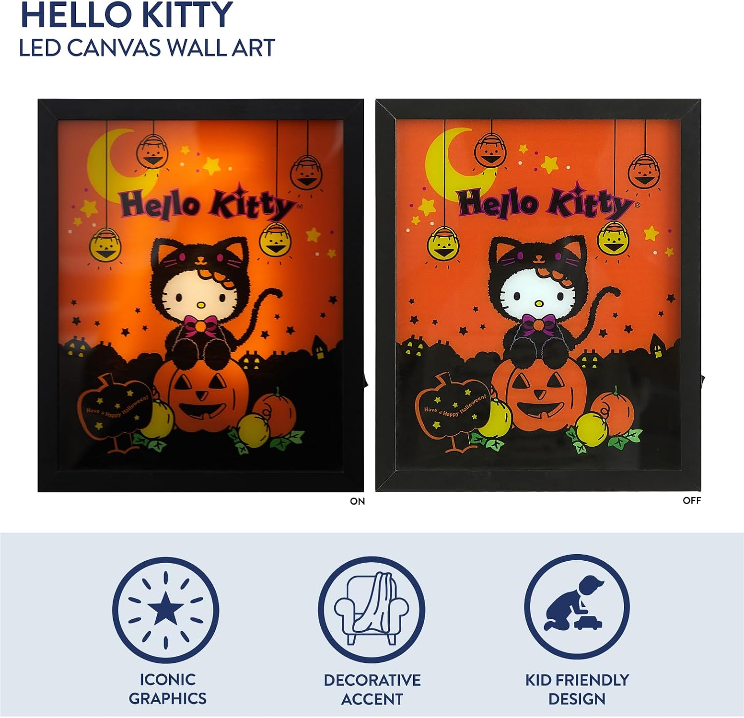 Idea Nuova Sanrio Hello Kitty Halloween Themed LED Glowing Wall Art for Holiday Room Décor,11.5"x9.5"