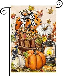 Pumpkin harvest outdoor vertical double sided garden flag 12X18, fall maple leaf flower small flag, lawn farmhouse yard decoration