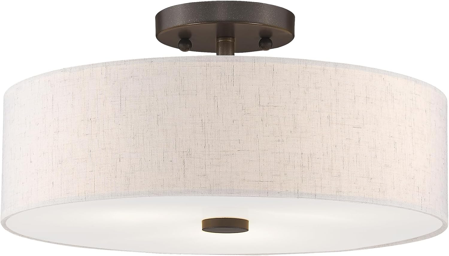 Livex Lighting 52135-92 Meridian Collection 3-Light Semi Flush Mount Ceiling Fixture with Oatmeal Color Fabric Hardback Drum Shade and Satin White Diffuser, English Bronze