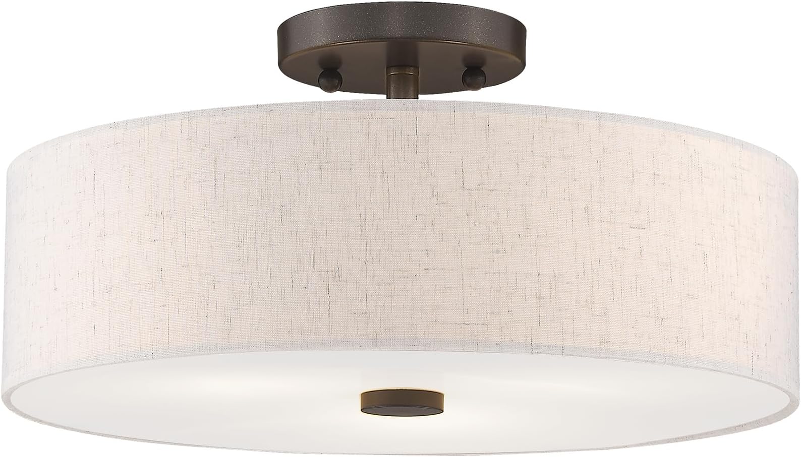 Livex Lighting 52135-92 Meridian Collection 3-Light Semi Flush Mount Ceiling Fixture with Oatmeal Color Fabric Hardback Drum Shade and Satin White Diffuser, English Bronze