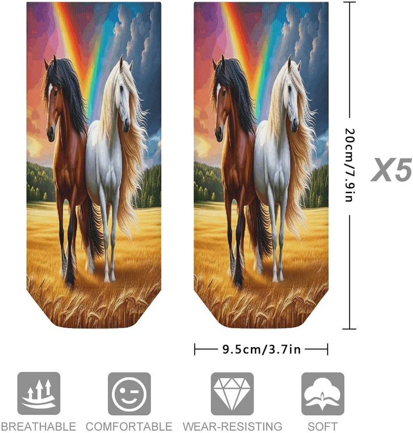 Black And White Horses 5Pairs Low Cut Ankle Socks for Women No Show Casual Breathable Athletic Socks for Sport