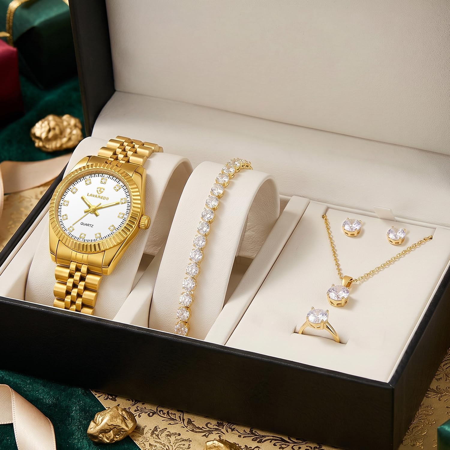 Timever Damen-Armbanduhr-Set, 18 Karat vergoldet, Armreif, Armband, Ring für Frauen, zierliche Damen-Armbanduhr, wasserdicht, analoge Uhr mit leuchtend, Valentinstag, Jahrestag, Geburtstag, Geschenke