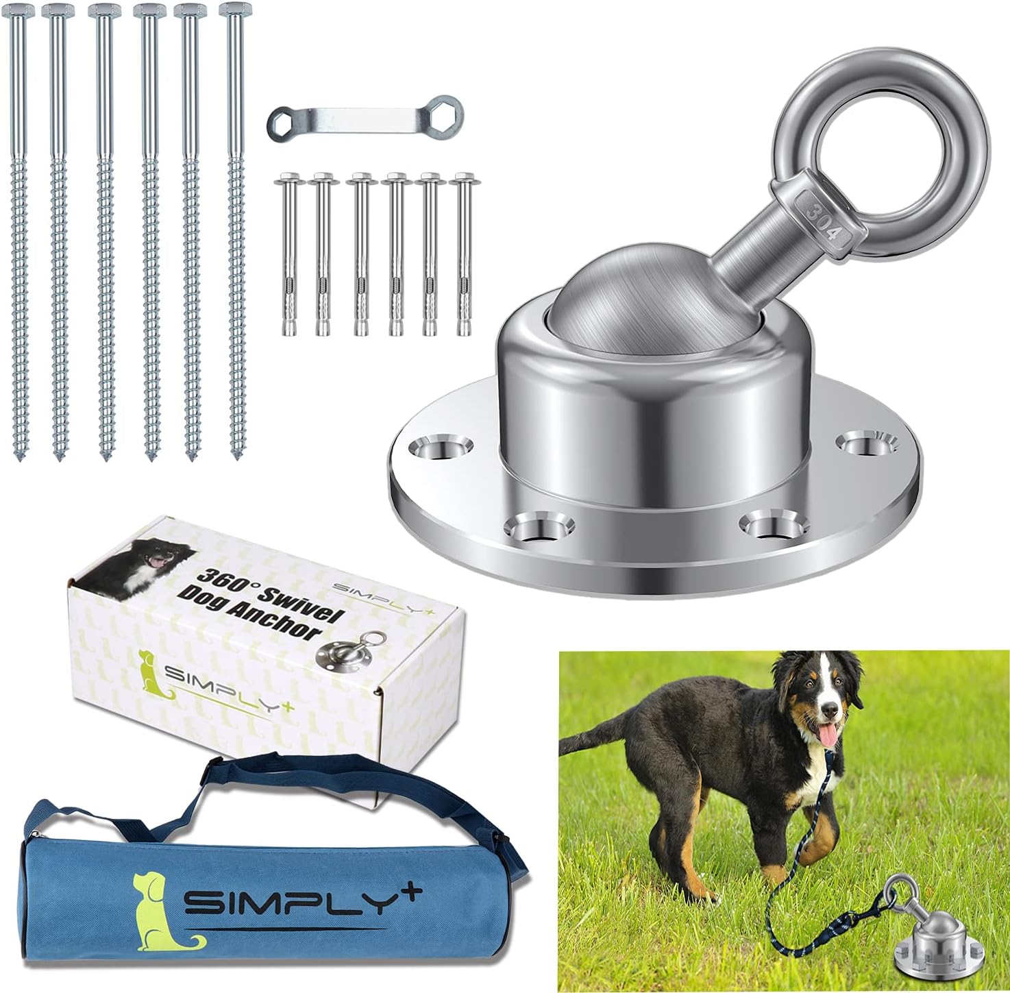 SIMPLY + 360° Swivel Dog Tie Out Stake, Swivel Dog Anchor for Medium Large Dogs Up to 100 lbs, Anti-Rust Heavy Duty Anchor Holds for…