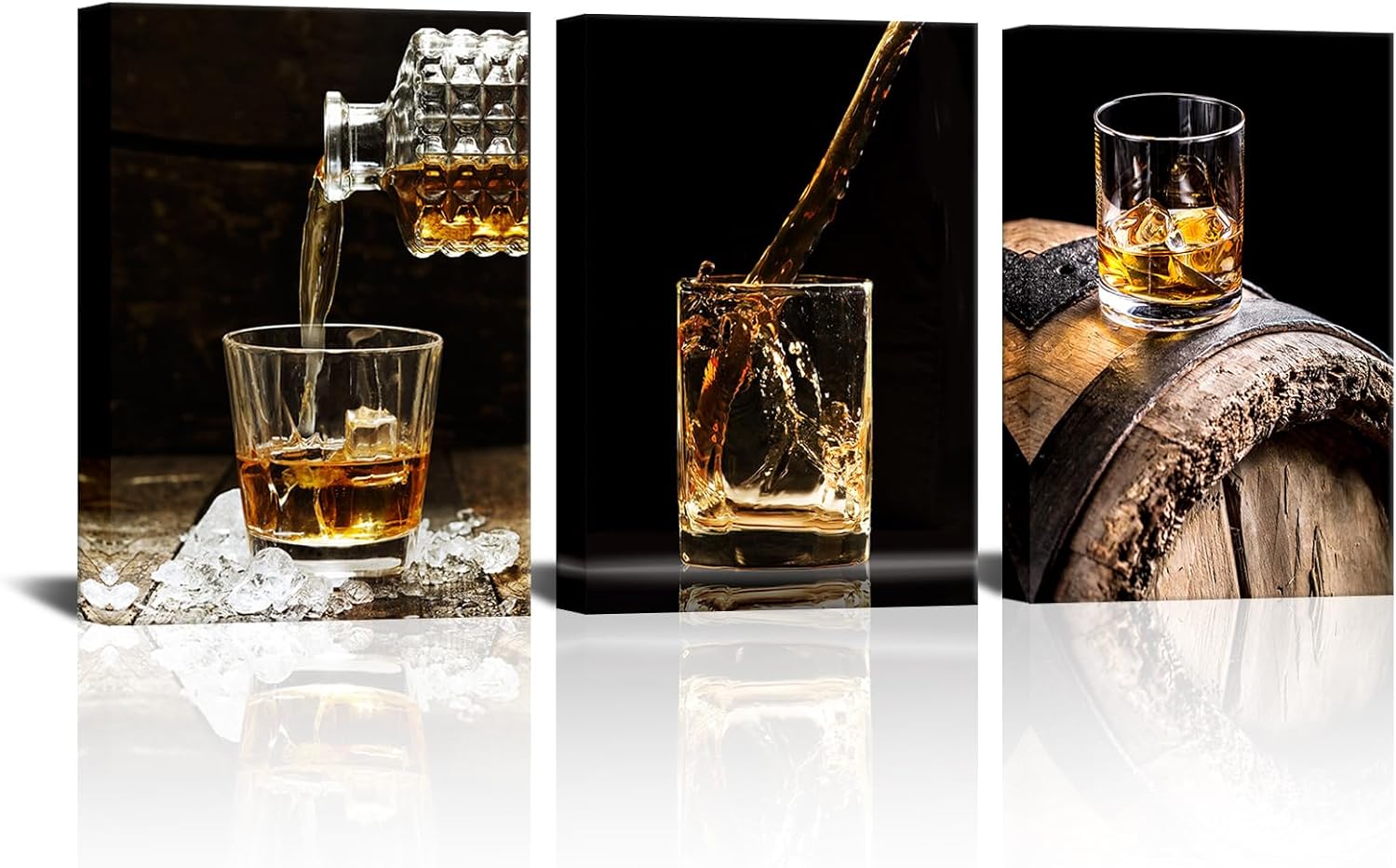VANSEEING 3 Piece Canvas Prints Wall Art Whisky Pour into Wine Glass Brown Barrels Pictures Vintage Wine Wall Decor for Kitchen Bar Pub Home Decoration Gallery Wrap Ready to Hang 12"x16"x3 Panels