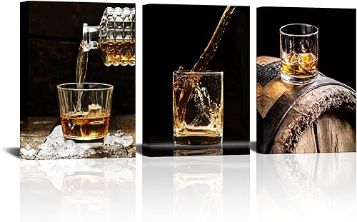 VANSEEING 3 piezas de impresiones en lienzo para pared, diseño de whisky vertido en copa de vino, barriles marrones, cuadros vintage, decoración de
