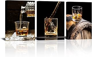 VANSEEING 3 Piece Canvas Prints Wall Art Whisky Pour into Wine Glass Brown Barrels Pictures Vintage Wine Wall Decor for Kitchen Bar Pub Home Decoration Gallery Wrap Ready to Hang 12"x16"x3 Panels