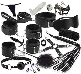 Ensemble de Servitude BDSM Composé de 18 Articles Parfait pour les Débutants, Menottes SM Avec Masque pour les Yeux et Sex Toys Érotiques pour Couple, Noir