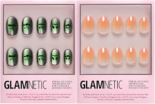 Glamnetic Press-On Nails Bundle - Peek-O'-Lantern & Candy Corn | Short Round Velvet Fake Nails with Pumpkin Jack-o’-Lantern Graphics | Short Oval Glazed Fake Nails with Ombre Design | Durable, Salon-Q