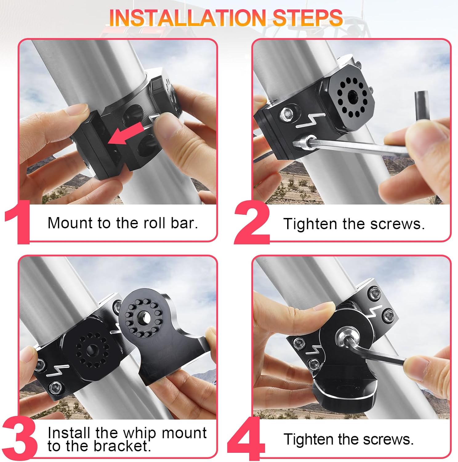 StarKnightMT UTV Flag Mount Adjustable Heavy Duty UTV Whip Mount for 1.75"-2" Roll Bar Compatible with Polaris RZR 1000 XP 900 Pro Maverick x3 Pioneer 1000 Talon 1PC