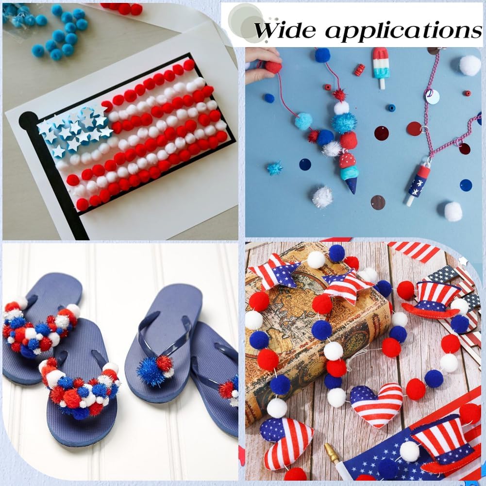 SUNNYCLUE 240Pcs 3 Colors Red White and Blue Pom Pom Balls Patriotic Pom Poms 20mm 4th of July American Independence Day USA Flag Pattern Pompom Ball for Garland Ornaments DIY Home Party Holiday Favor
