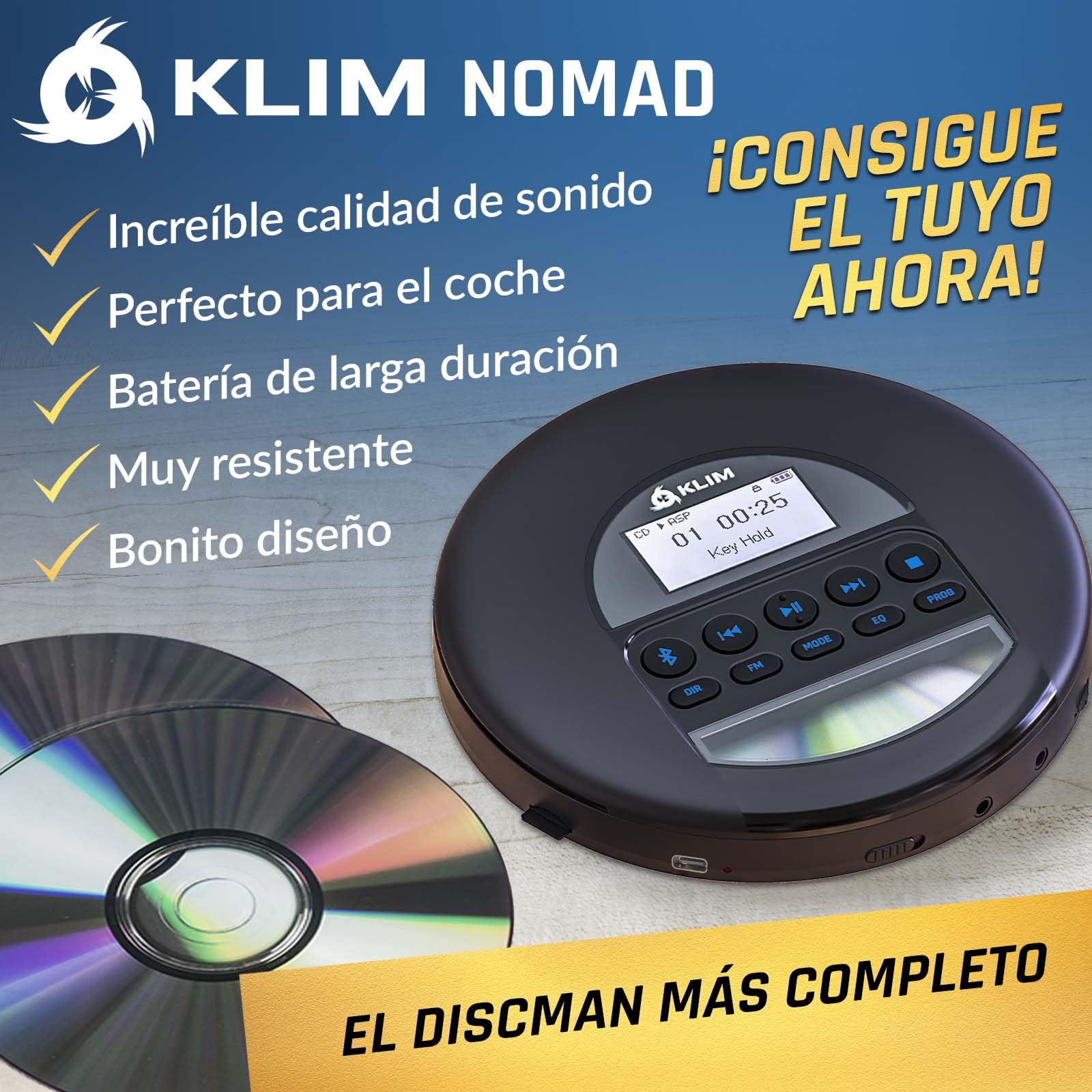 KLIM Nomad - Reproductor CD portatil con batería Interna de Larga duración - Nuevo - Auriculares KLIM Fusion - CD Player Mini Compacto - Radio FM Compatible con CD-R, CD-RW MP3 - Negro Azul