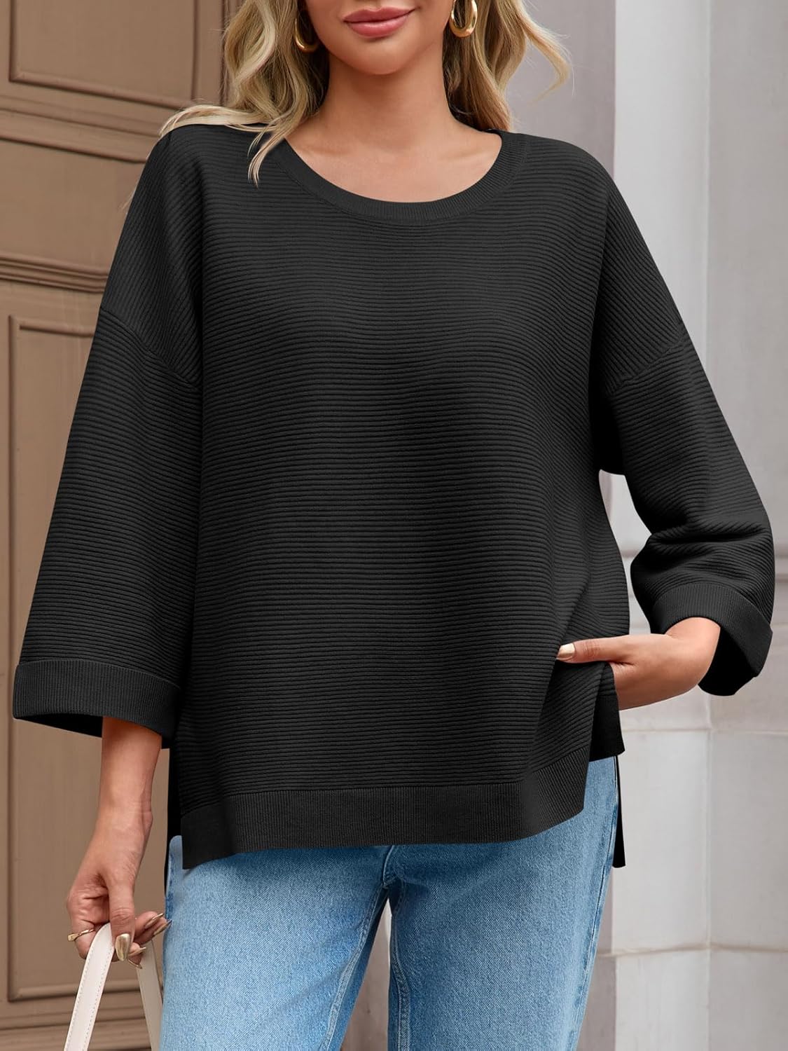 Tankaneo Women's Oversized Sweaters Casual 3/4 Long Sleeve Crewneck Ribbed Knit Split Tunics Fall Loose Pullover Tops - Image 5