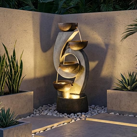 Bumilgar 46.8H Outdoor Water Fountain Garden, Multi-Tier Waterfall Fountain Water Feature with Lights for Patio, Garden & Porch