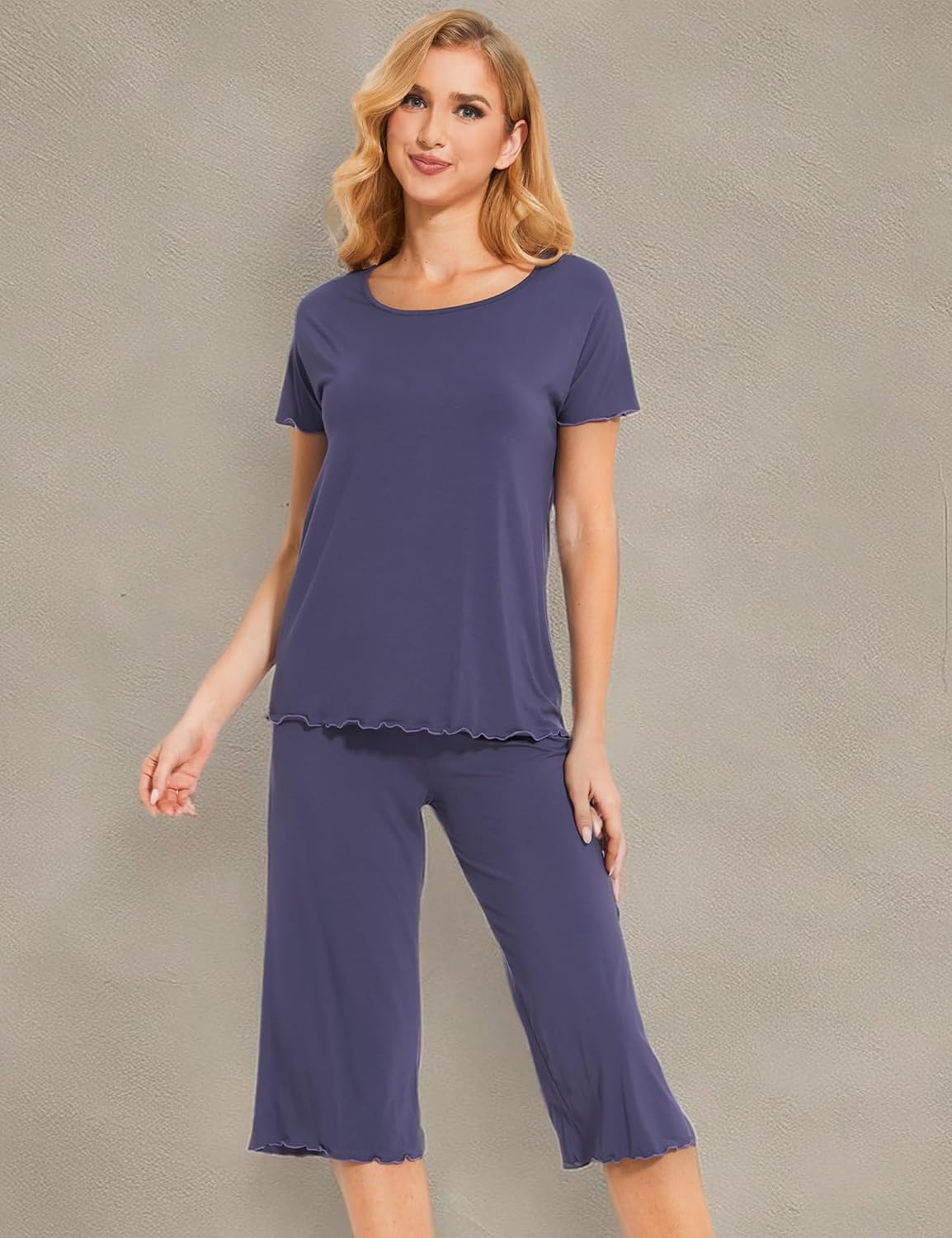 LazyCozy Womens Pajama Sets Viscose from Bamboo Pj Set Short Sleeve Top with Capri Pants Sleepwear 2 Piece Lounge Set - Image 6