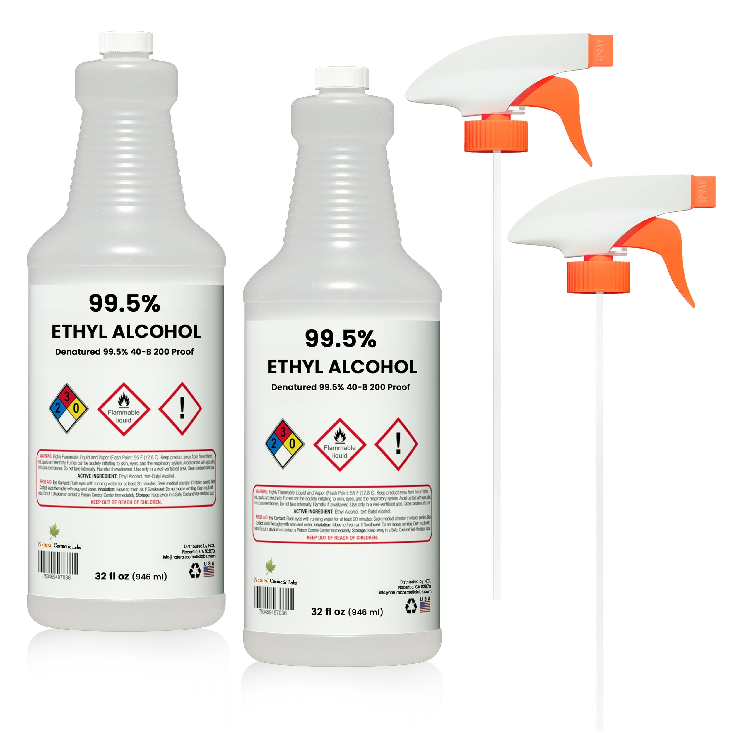 99.5% Denatured Ethyl Alcohol 40-B, 200 Proof – 32oz Spray Bottle (Pack of 2), Made in USA for Cleaning