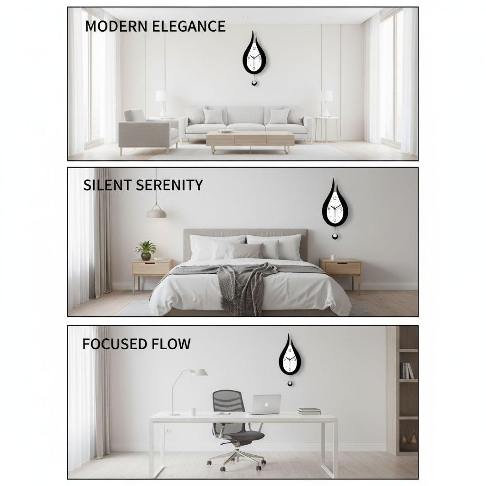 Reloj de pared con péndulo acrílico de gota de agua, 24 x 52 cm, estilo moderno en blanco y negro, movimiento silencioso, relojes decorativos para sala de estar, dormitorio, oficina