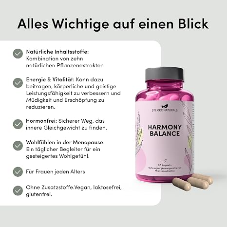 Steiger Naturals Harmony Balance – Pflanzlicher Komplex für Frauen mit 10 Pflanzenextrakten Hormonfrei Vegan Laktosefrei Glutenfrei 90 Kapseln