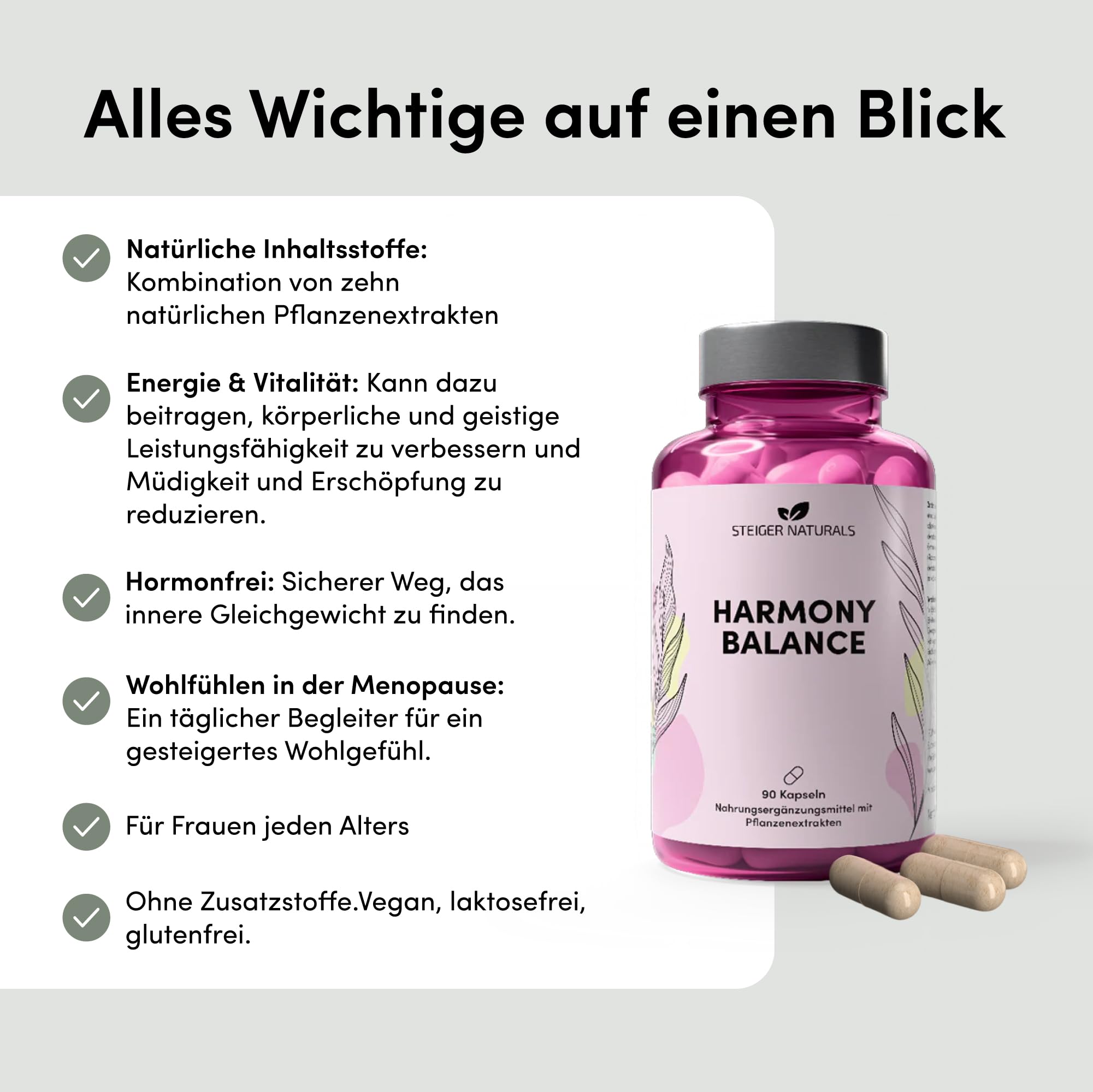Steiger Naturals Harmony Balance – Pflanzlicher Komplex für Frauen mit 10 Pflanzenextrakten | Hormonfrei, Vegan, Laktosefrei, Glutenfrei | 90 Kapseln