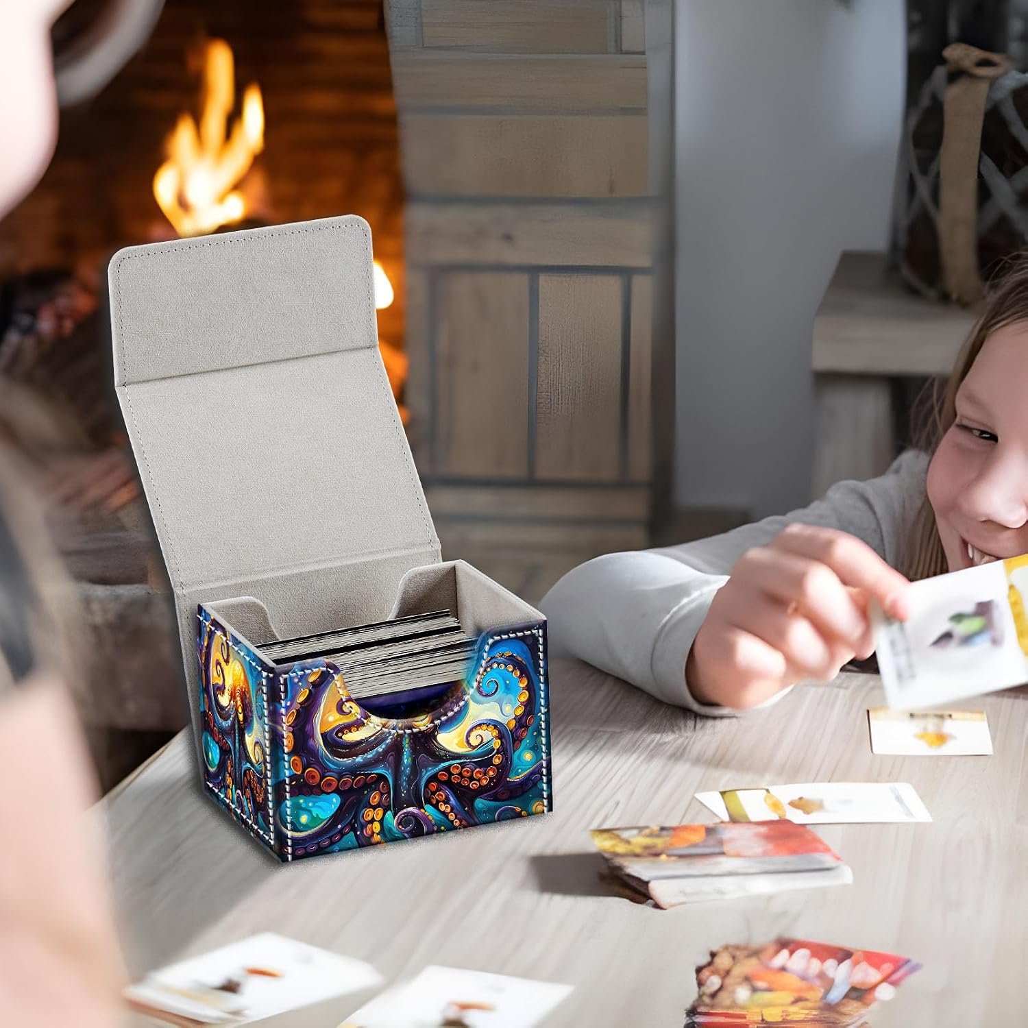 High-Capacity Art Deco Card Deck Box - Ideal Trading Card Game Storage Solution with Compact Size, and Easy Access - PU Leather Fits for TCG CCG Magic Cards(Cosmic Octopus)