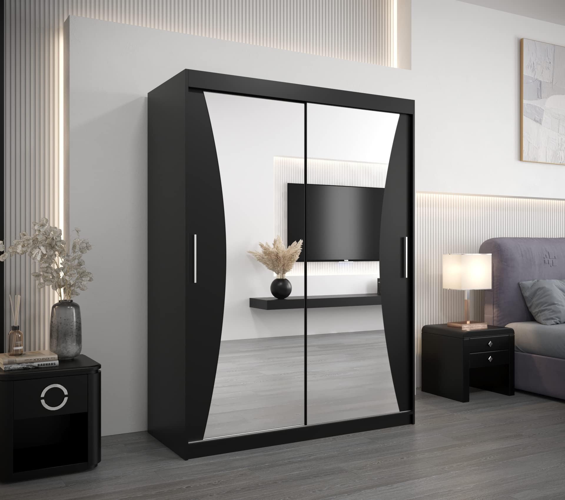 ABIKSMEBLE Monaco 150 Armario 2 Puertas Correderas para Dormitorio - Armario Moderno con Espejo, Barra y Estantes - 150x200x62 cm (Ancho x Alto x Fondo) - Negro Mate