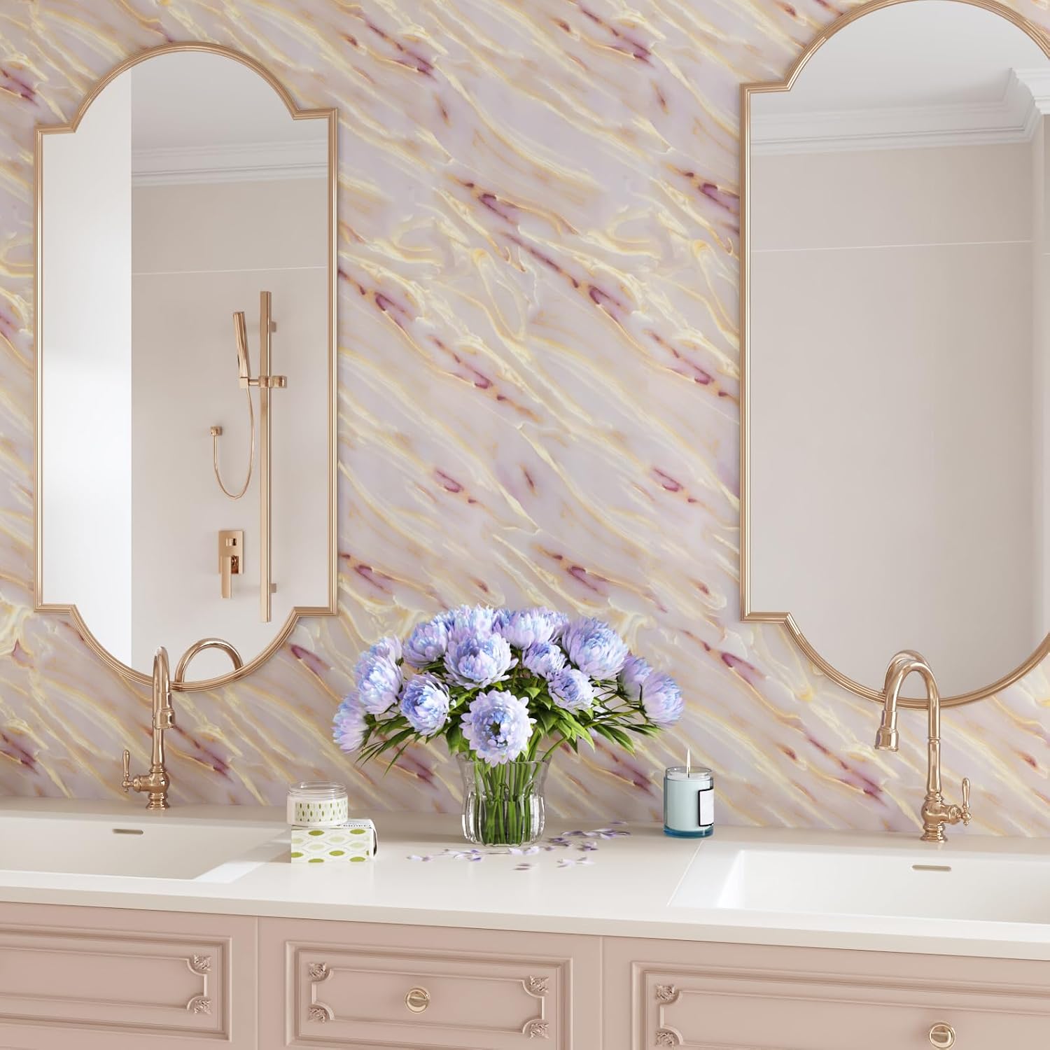 CRE8TIVE Large Size 24"x354" Matte Liquid Gold Pink Marble Contact Paper Waterproof Marble Wallpaper Peel and Stick Countertops Self Adhesive Renter Friendly Wallpaper for Kitchen Living Room Counters