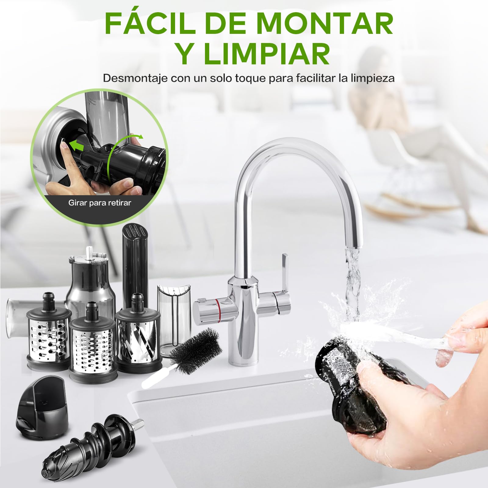 AMZCHEF Extractor 4 EN 1 - Extractor de Zumos y Verduras/Ralladores Eléctricos/Picadora de Carne/Elaborador de Salchichas - Juicer con Apertura de 80mm con Accesorios Multifuncionales - Plata
