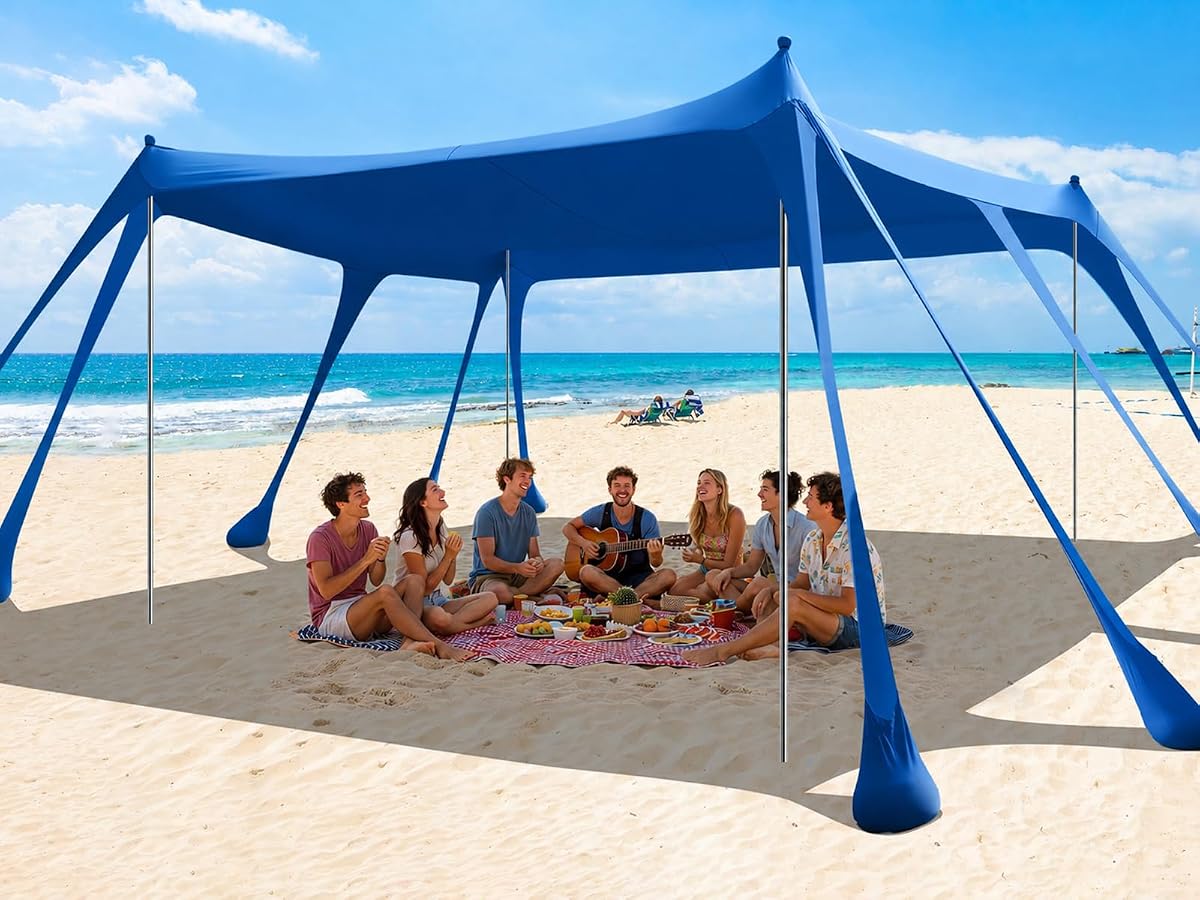 Tienda de campaña para playa, refugio solar de 13 x 10 pies, toldo de playa para exteriores UPF50+ con 10 bolsas de arena, pala de arena, estacas para el suelo y postes de estabilidad, tienda de campaña con dosel para playa para acampar, pescar, picnics, viajes