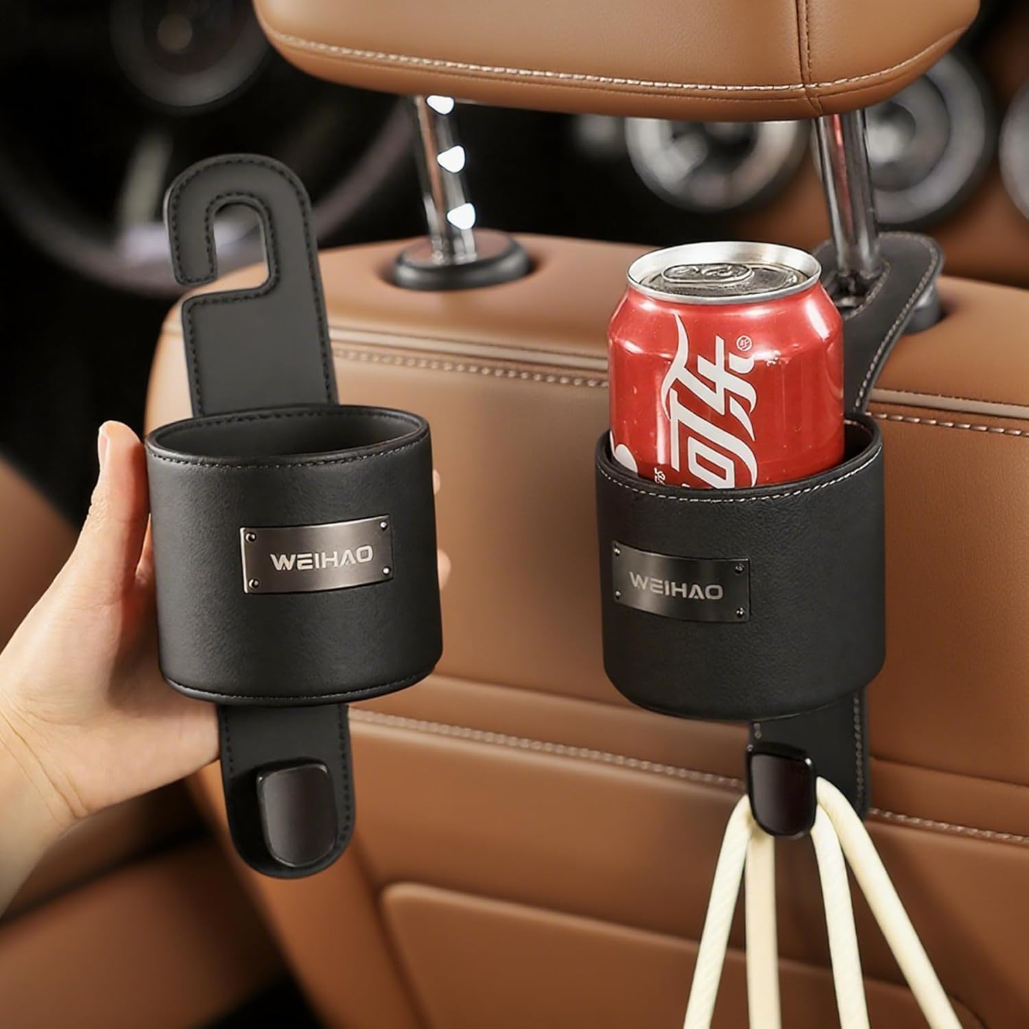 2Packs Cup Holder for Car Back Seat, Nappa Leather Storage Organizer Hook, 3 Inch Backseat Headrest Cup Holder for Car, Sedans, SUV, MPVS, Most Vehicles (Black)