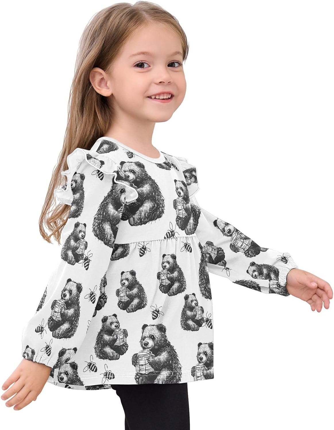 visesunny Toddler Clothes for Girls Black White Bear Honey Long Sleeve Fall Shirts Cotton Top with Ruffle Collar