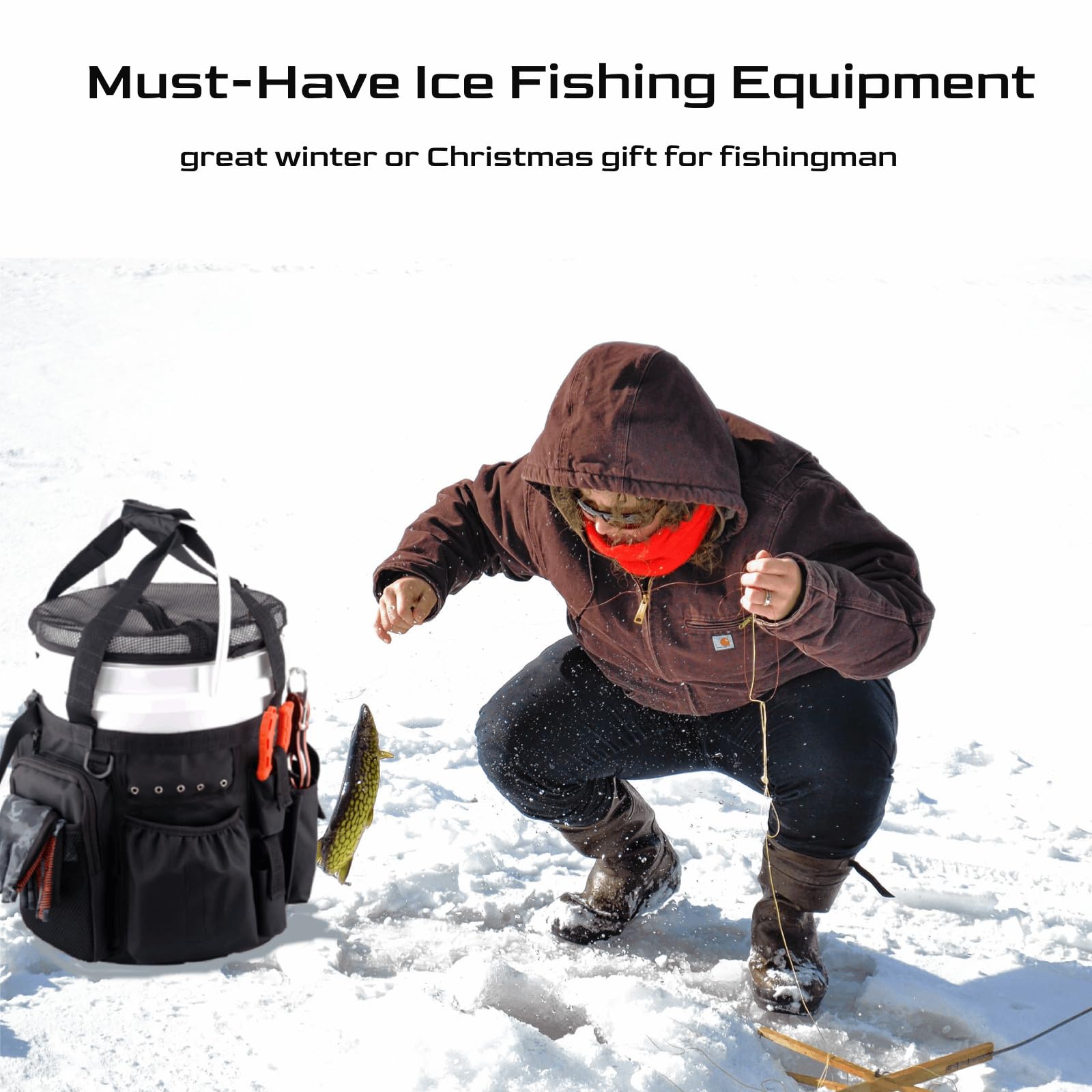 Ice Fishing Gear Bucket Organizer with Bucket Cover, Fishing Tackle Bag with 2 Rod & Plier Holder, for 5 Gallon Bucket Accessories, Ice Fishing Gear and Equipment(no bucket and tools?