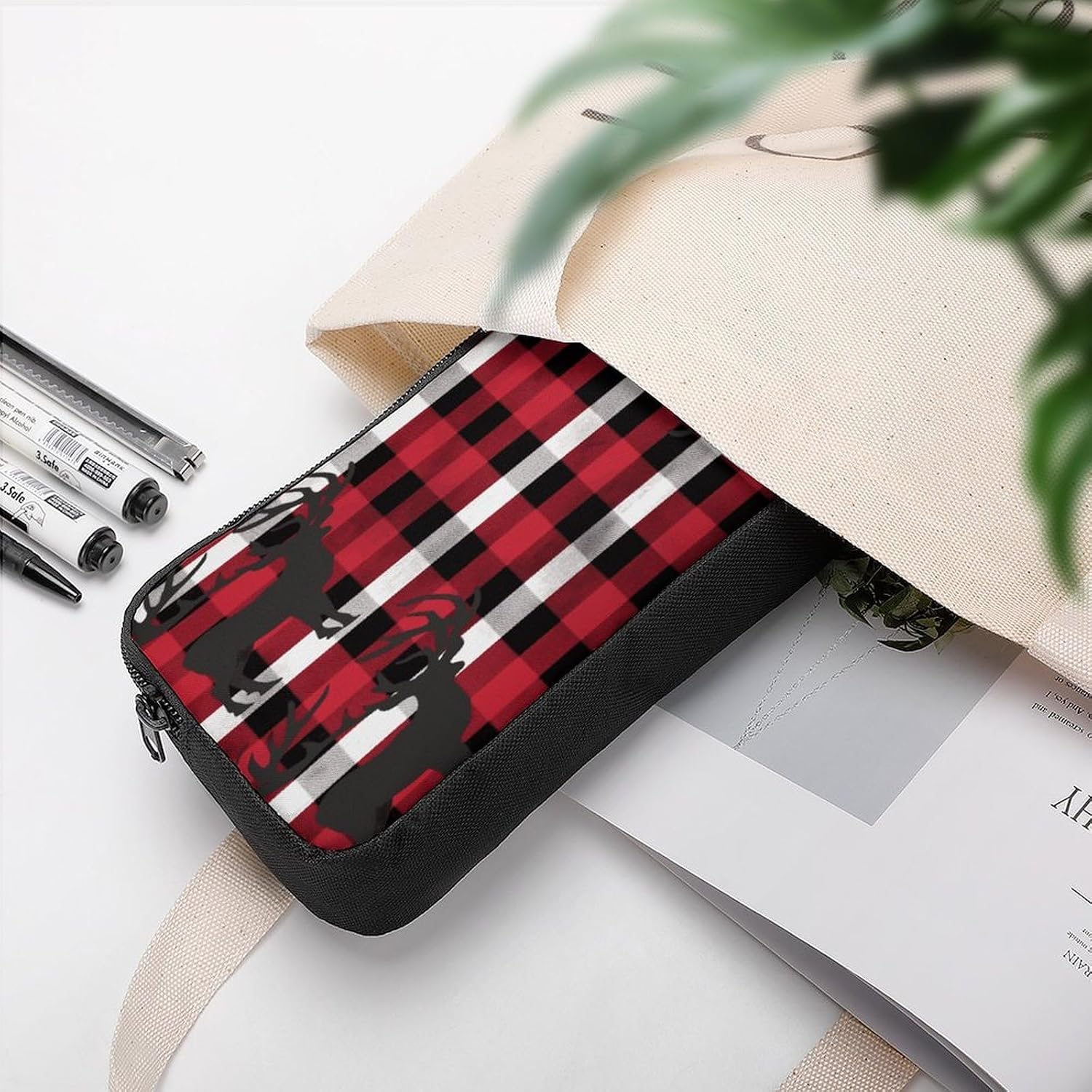 Buffalo Plaid Deer Makeup Bag Toiletry Bag Cosmetic Bag image 4