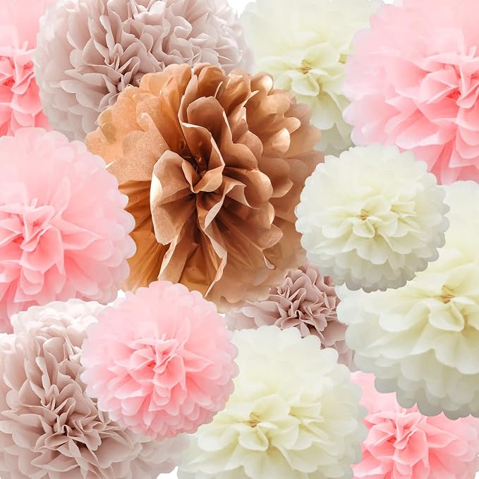 Pompones de Tejido, 22 Piezas Rosa Polvoriento, Oro Rosa, Marfil, Bola de Flores de Papel Rosa Rubor para cumpleaños, Despedida de Soltera, Boda, bebé, Despedida de Soltera, decoración de Fiesta