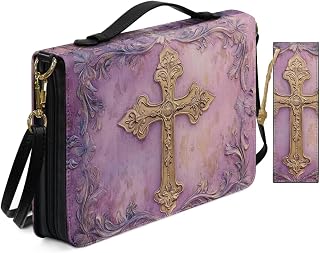 Funda de piel sintética para la Biblia para mujer, bolsa de iglesia de adoración con marcapáginas, magnífica cruz dorada, fundas de la Biblia con correa para el hombro, color rosa