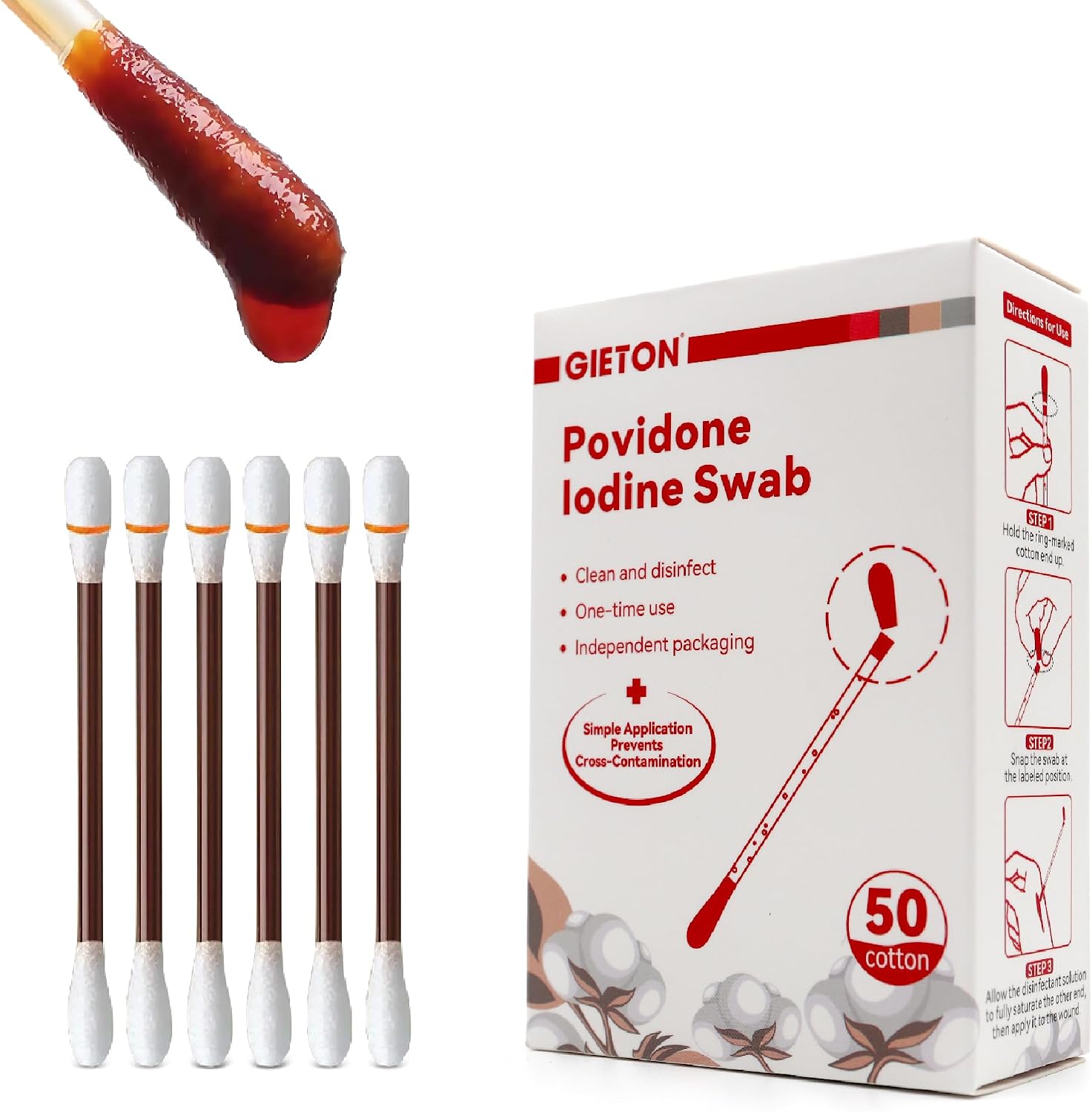 FSA | HSA Eligible 50-Count Disposable Povidone Iodine Swabs, Iodine Cotton swabs, Iodine swabsticks, Wound Care, Gentle Care and Emergency Care for The Whole Family.
